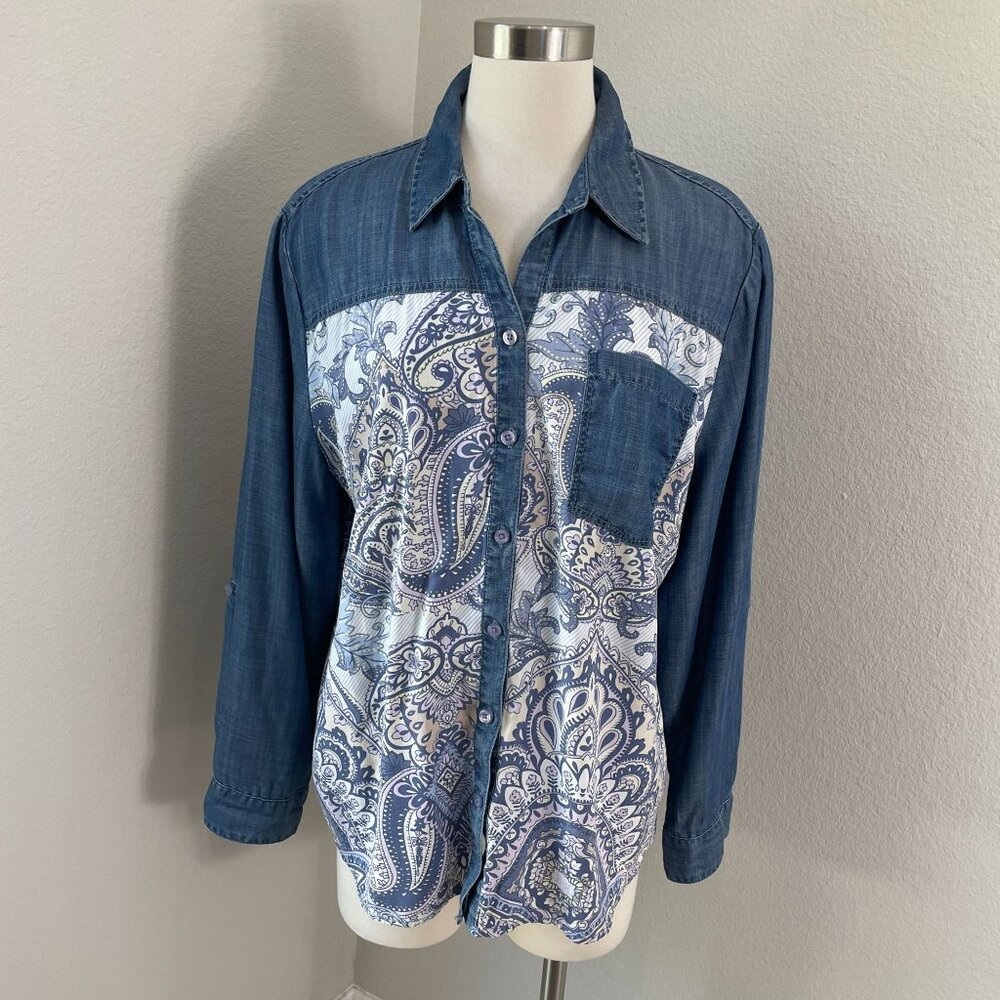 Chicos Womens‎ XL Blue White Mixed Print Button Up Shirt Roll Tab Sleeve Blouse
